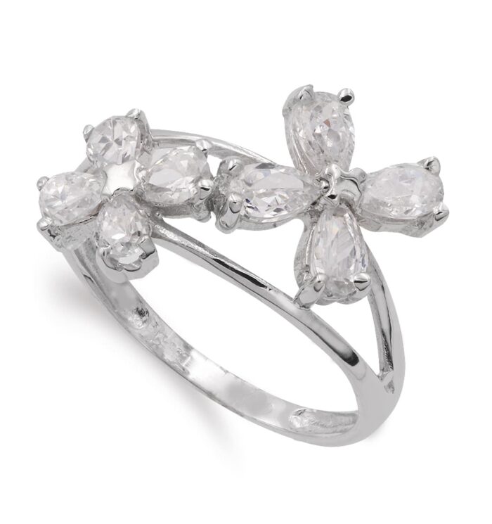 18K SORTIJA ORO BLANCO CON FLORES DE CIRCONITA ANCHO 13 MM