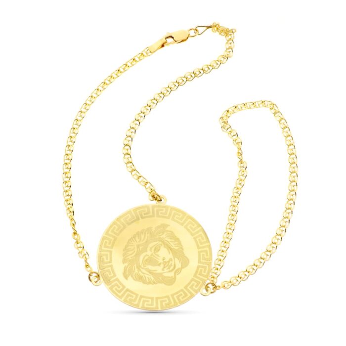 18K PULSERA ORO AMARILLO INDIA CON MONEDA GRECA LASER MATIZADA
