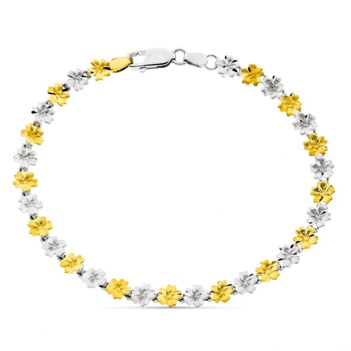 18K PULSERA BICOLOR FLORES ANCHO 6 MM LARGO 19CM