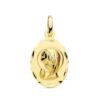 Medalla ovalada de la Virgen Niña de perfil en oro amarillo de 18 quilates, dimensiones 19x12 mm, con bisel exterior liso y acabado pulido brillante sobre fondo blanco.