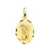 Medalla ovalada de la Virgen Niña de perfil en oro amarillo de 18 quilates, dimensiones 19x12 mm, con borde labrado de talla brillante sobre fondo blanco.