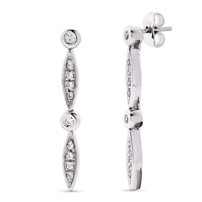 18K PENDIENTES ORO BLANCO LARGOS CIRCONITA 30X4 MM CIERRE PRESION