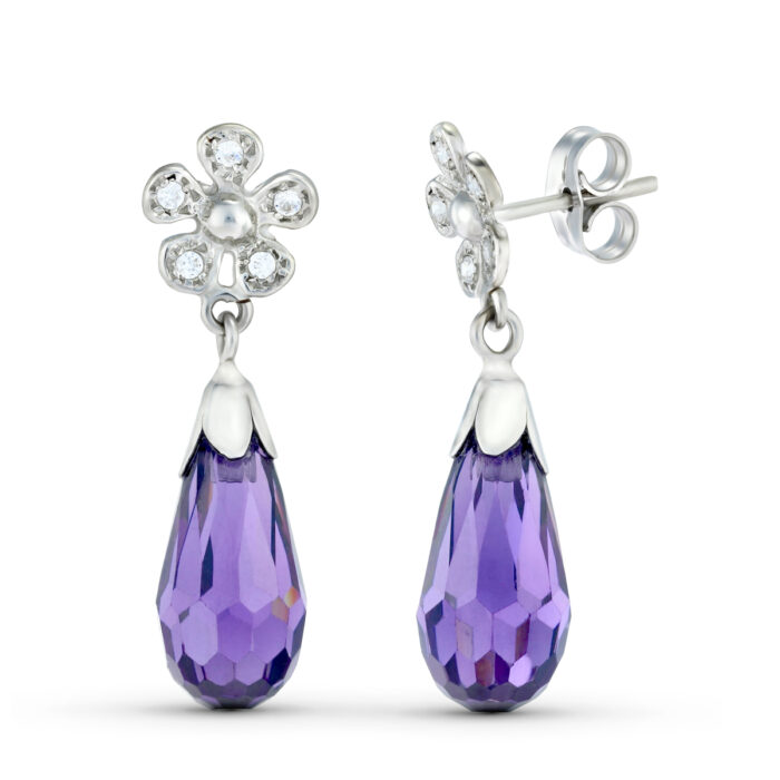 18K PENDIENTES ORO BLANCO DOS CUERPOS CON FLOR Y PIEDRA. CIERRE PRESION