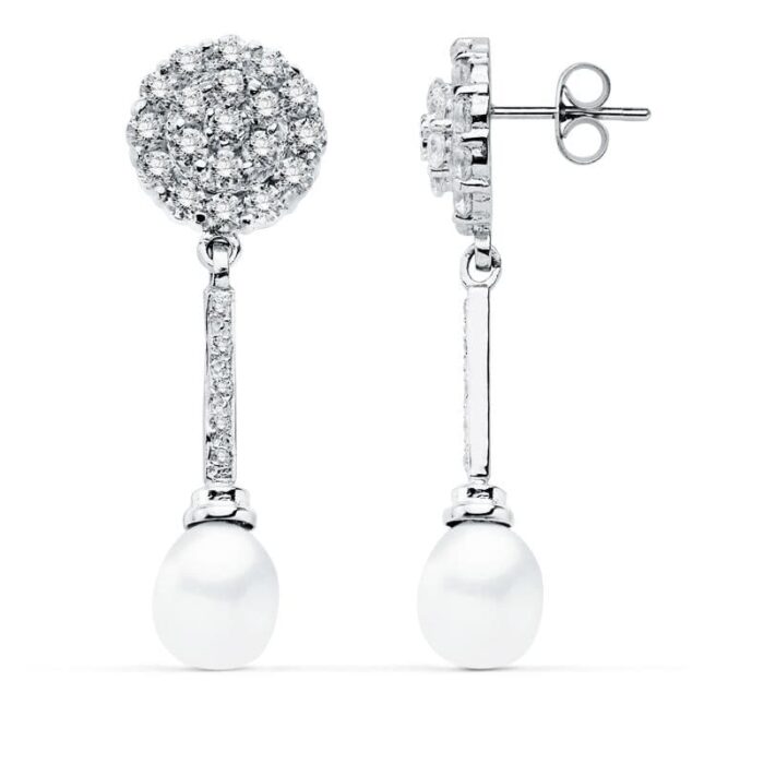 18K PENDIENTES ORO BLANCO PERLA 39X12 MM CIERRE PRESION