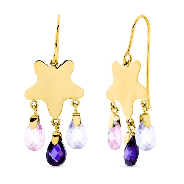 18K PENDIENTES ORO AMARILLO LARGOS PIEDRA COLOR ESTRELLA CIERRE GANCHO