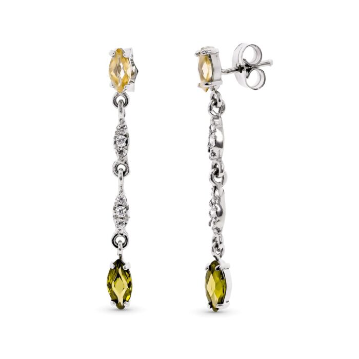18K PENDIENTES LARGOS DE ORO BLANCO CON CIRCONITA Y PIEDRAS CIERRE PRESION