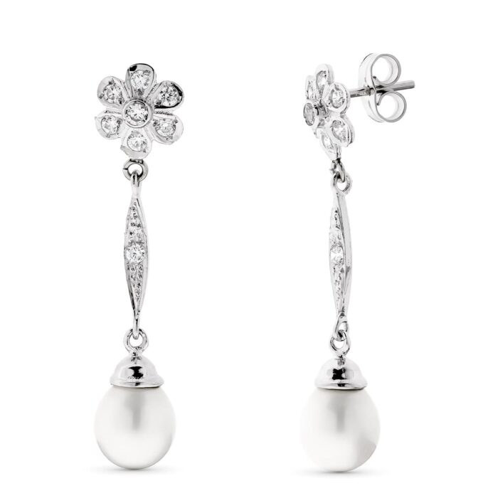 18K PENDIENTES PERLA Y FLOR ORO BLANCO CIERRE PRESION