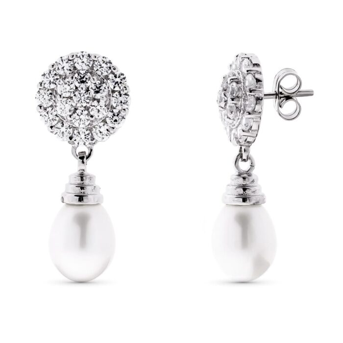 18K PENDIENTES ORO BLANCO PERLA Y CIRCONITA CIERRE PRESION
