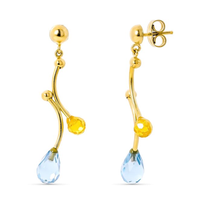 18K PENDIENTES ORO AMARILLO LARGOS PIEDRAS AGUAMARINA Y CITRINO CIERRE PRESION