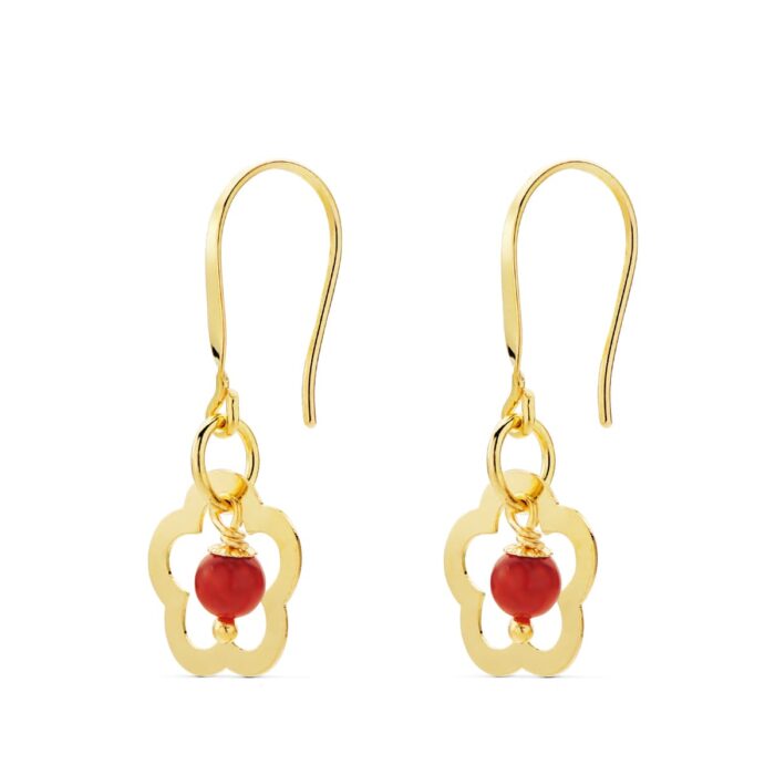 18K PENDIENTES ORO AMARILLO FLOR CON CORAL. MEDIDA: 28 X 12 MM. CIERRE GANCHO