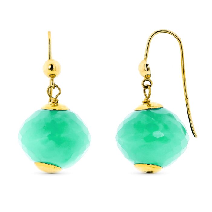 18K PENDIENTES ORO AMARILLO LARGOS PIEDRA COLOR VERDE 28X15 MM CIERRE GANCHO