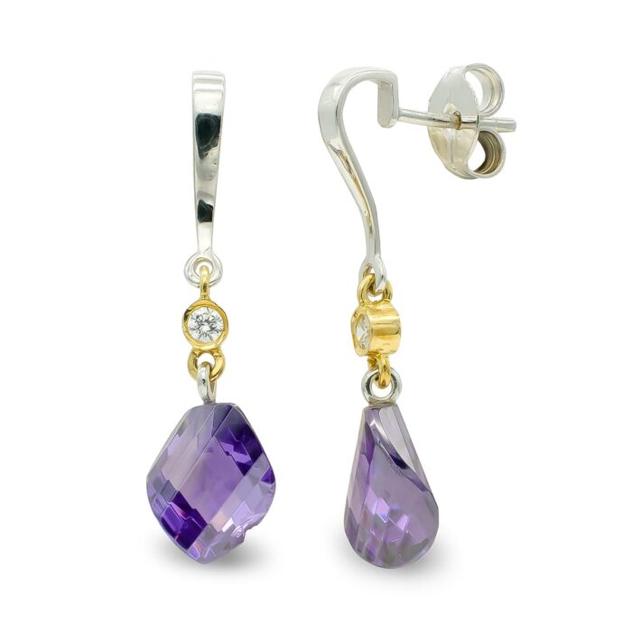 18K PENDIENTES ORO BICOLOR AMATISTA 11 MM CIRCONITA CIERRE PRESION