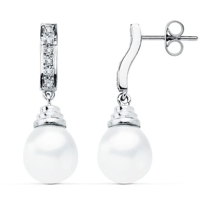 18K PENDIENTES ORO BLANCO PERLA 28X9 MM CIERRE PRESION