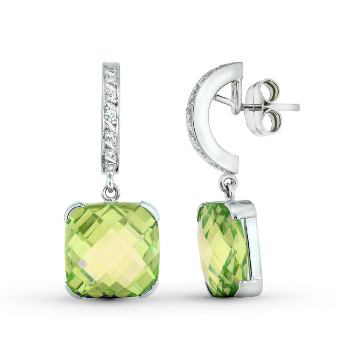 18K PENDIENTES ORO BLANCO CON PIEDRA OLIVINA Y CIRCONITA 30X12 MM. CIERRE PRESION
