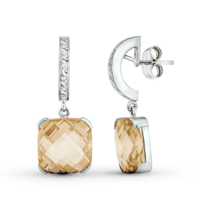 18K PENDIENTES ORO BLANCO PIEDRA COLOR TOPACIO 30X12 MM. CIERRE PRESION