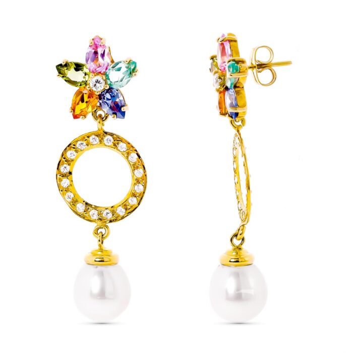 18K PENDIENTES ORO AMARILLO CIRCONITA Y PERLA Y FLOR DE PIEDRA DE COLOR CIERRE PRESION