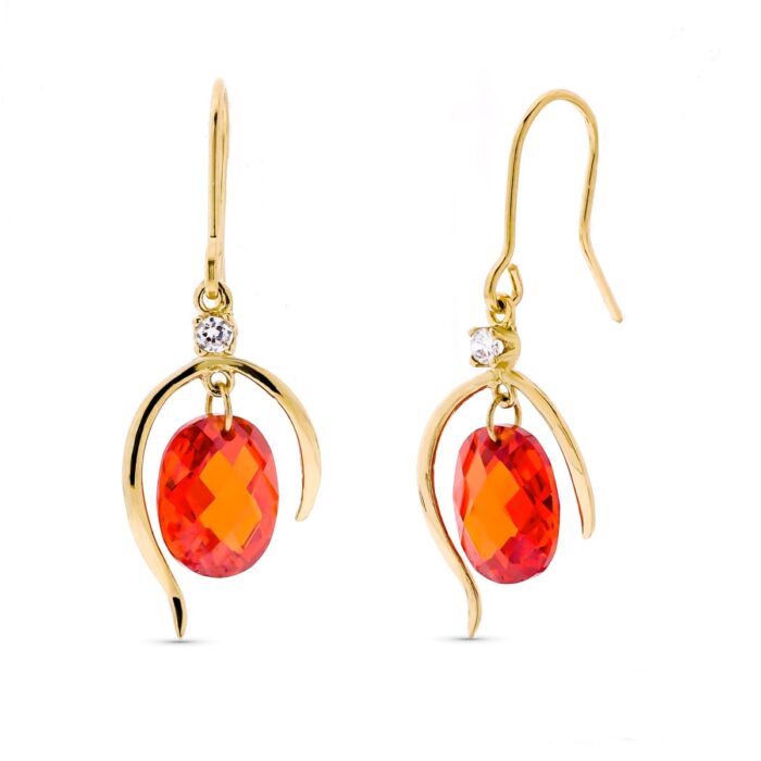 18K PENDIENTES ORO AMARILLO LARGOS PIEDRA NARANJA 10X8 MM CIRCONITA CIERRE GANCHO