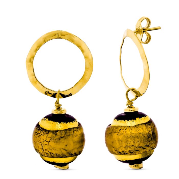 18K PENDIENTES ORO AMARILLO LARGO MURANO 14 MM TONOS MARRON CIERRE PRESION