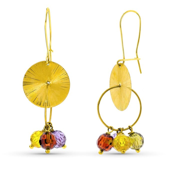 18K PENDIENTES ORO AMARILLO LARGOS PIEDRAS COLORES Y PLACA CHAPA TALLADA CIERRE GANCHO