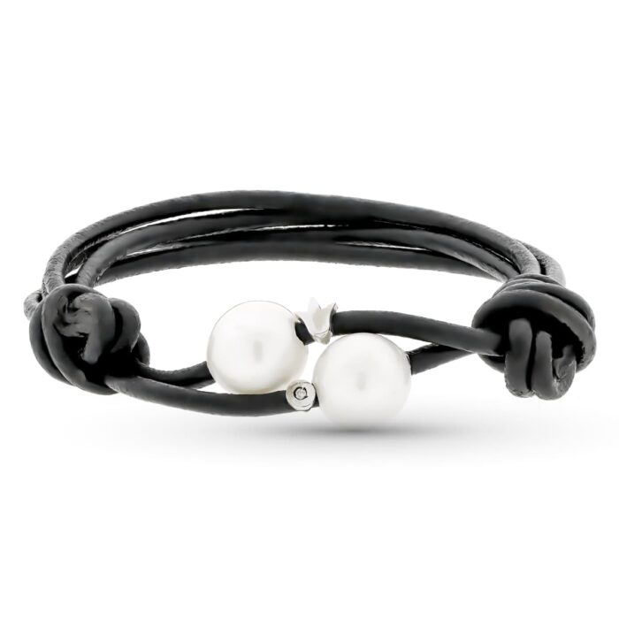 18K PULSERA CUERO PERLA Y DIAMANTE TALLA BRILLANTE