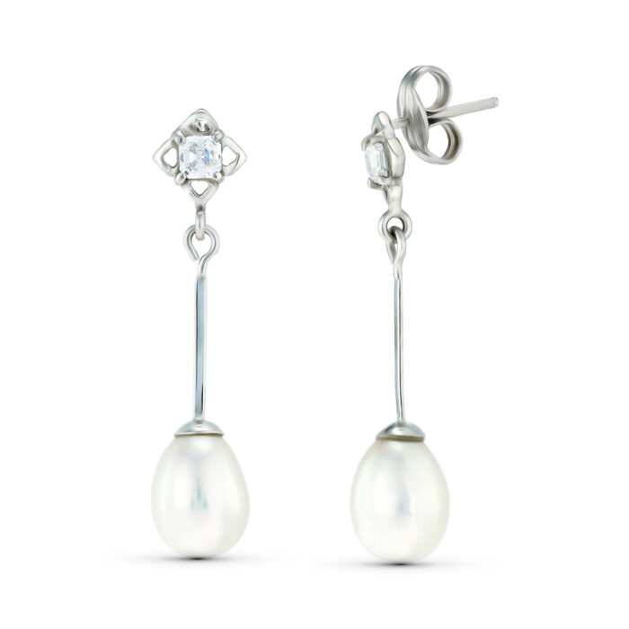 18K PENDIENTES ORO BLANCO DOS CUERPOS CON PERLAS Y CIRCONITA. CIERRE PRESION