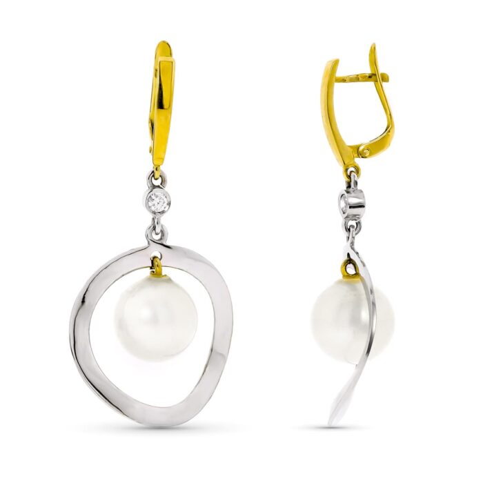 18K PENDIENTES LARGOS ORO BLANCO Y PERLA DE 10 MM CIERRE CATALAN