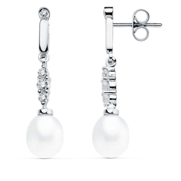 18K PENDIENTES ORO BLANCO PERLA 31X7 MM CIERRE PRESION