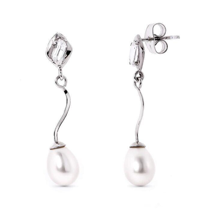 18K PENDIENTES ORO BLANCO Y PERLA Y CIRCONITA CIERRE PRESION