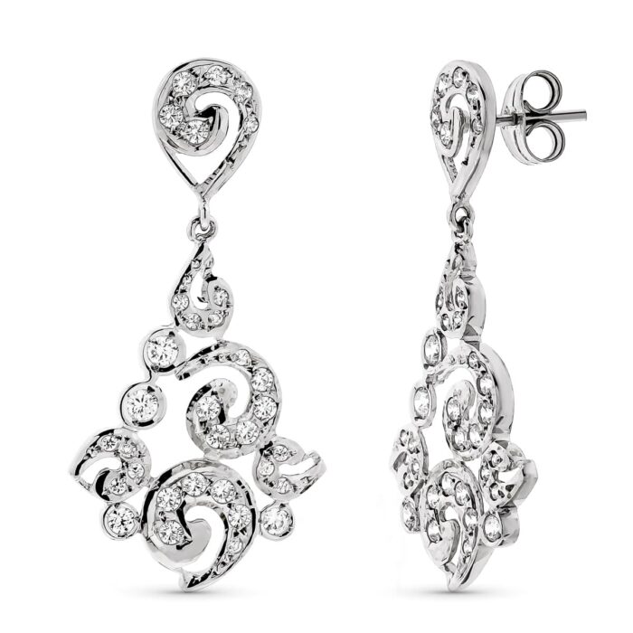18K PENDIENTES ORO BLANCO LARGOS FILIGRANA CIERRE PRESION