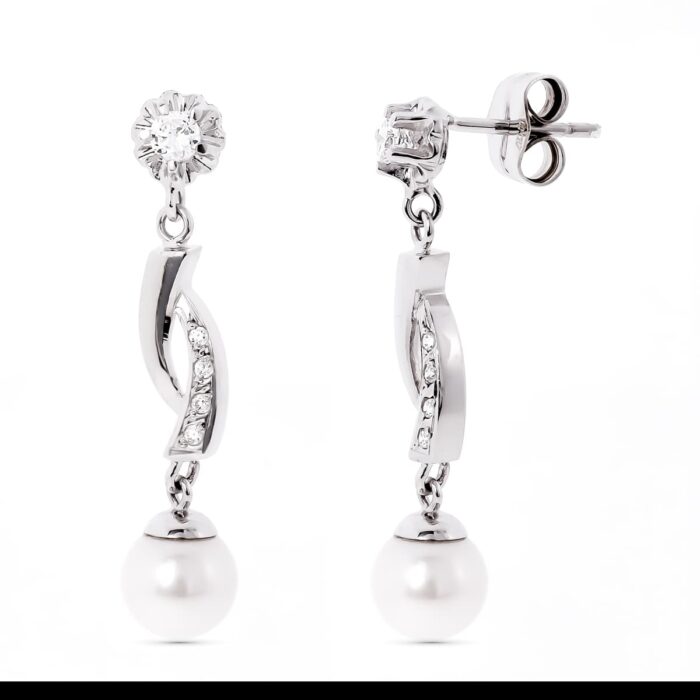 18K PENDIENTES ORO BLANCO Y PERLA CON GARRA DE CIRCONITA CIERRE PRESION