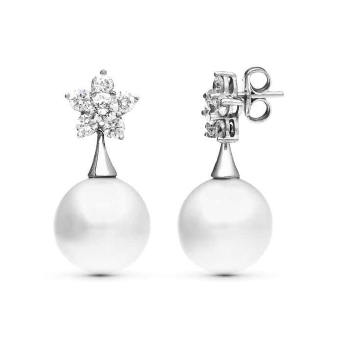 18K PENDIENTES ORO BLANCO FLOR CIRCONITA PERLA 14 MM CIERRE PRESION