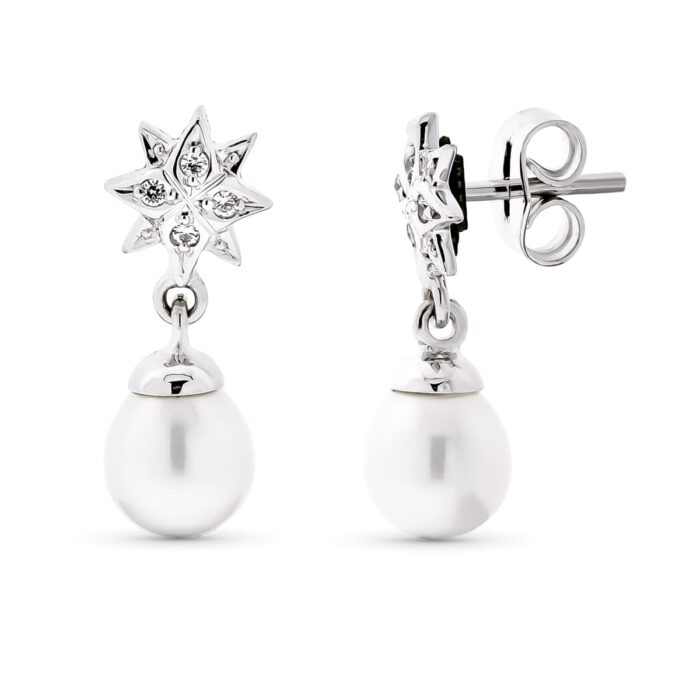 18K PENDIENTES ORO BLANCO LARGO ESTRELLA PERLA 18X7 MM CIERRE PRESION