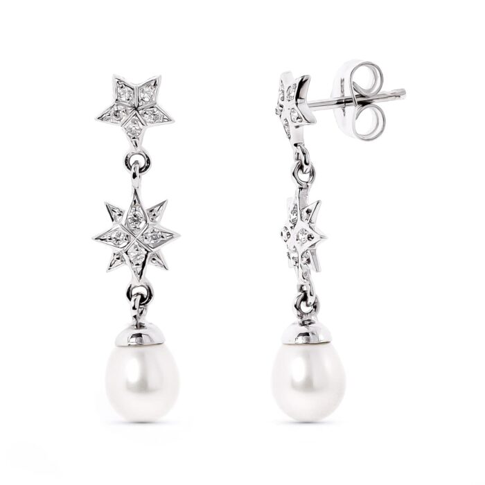 18K PENDIENTES ORO BLANCO ESTRELAS DE CIRCONITA Y PERLA CIERRE PRESION