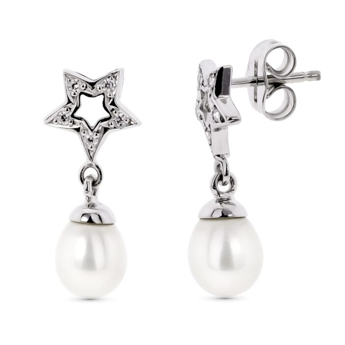 18K PENDIENTES ORO BLANCO DOS CUERPOS CON ESTRELLA Y PERLA CIERRE PRESION