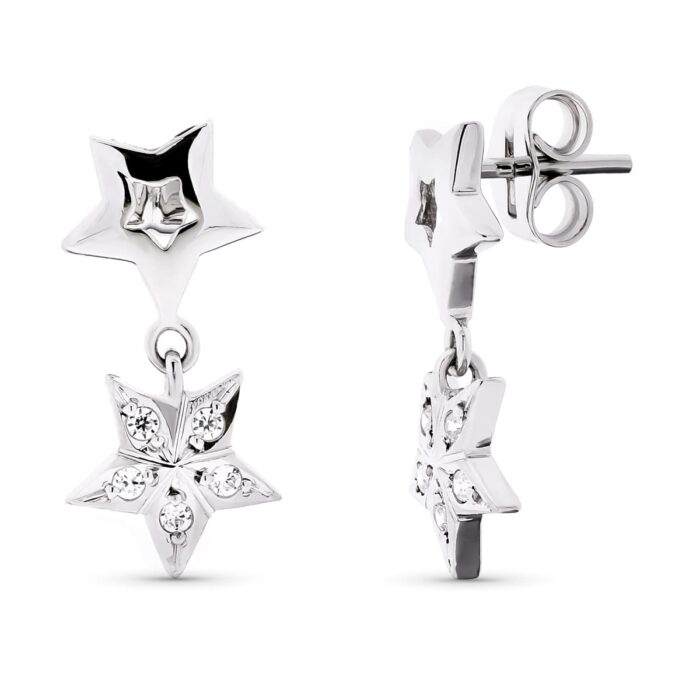 18K PENDIENTES ORO BLANCO LARGOS ESTRELLAS CIERRE PRESION