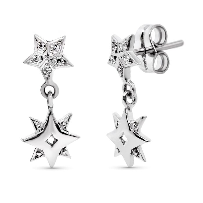 18K PENDIENTES ORO BLANCO LARGOS ESTRELLA 17X7 MM CIERRE PRESION