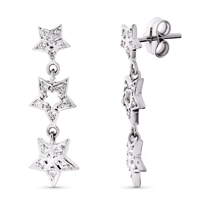 18K PENDIENTES ORO BLANCO LARGOS CIRCONITA Y ESTRELLAS. 27X8 MM CIERRE PRESION