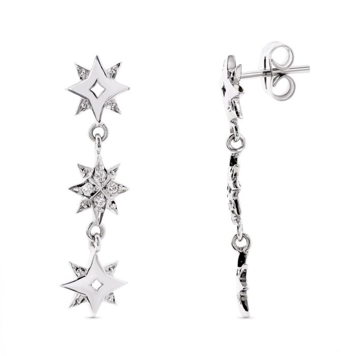 18K PENDIENTES ORO BLANCO ESTRELLAS Y CIRCONITA 28X6 MM CIERRE PRESION