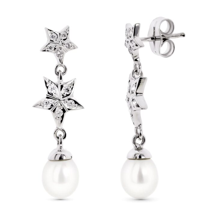 18K PENDIENTES ORO BLANCO CON ESTRELLAS Y PERLA CIERRE PRESION