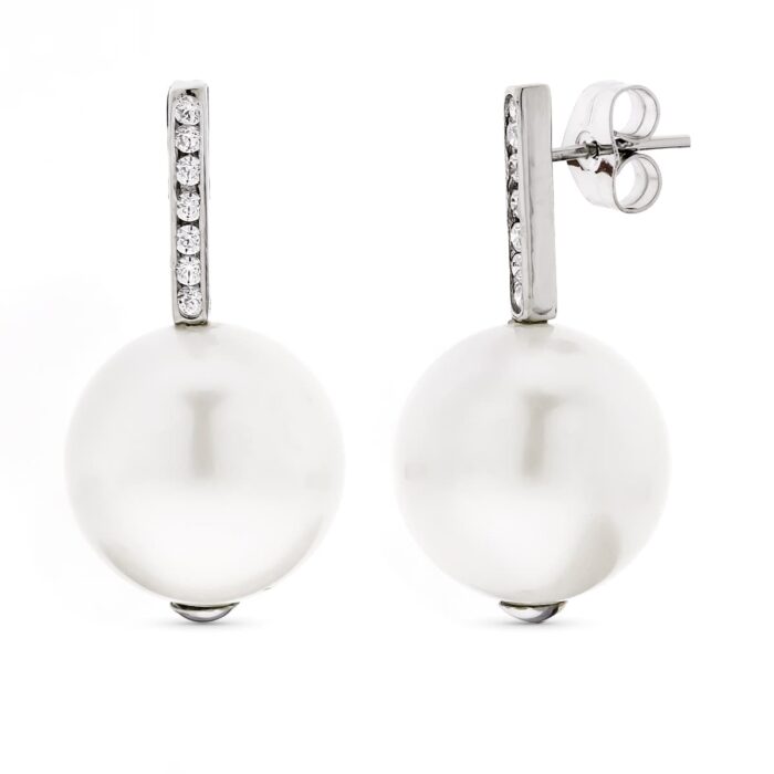 18K PENDIENTES ORO BLANCO LARGOS PERLA 14 MM Y CIRCONITA CIERRE PRESION