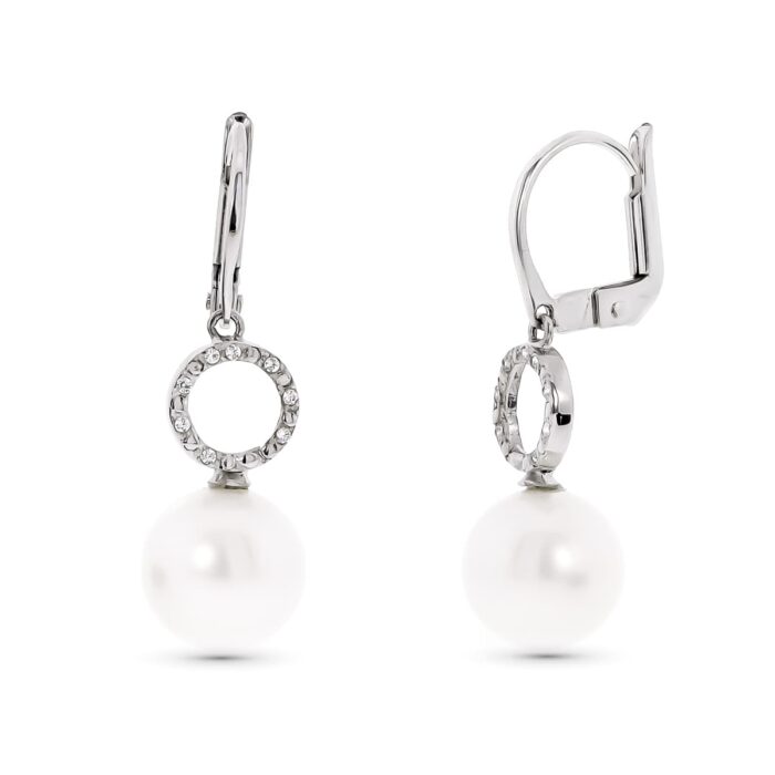 18K PENDIENTES ORO BLANCO MOTIVO REDONDO Y PERLA 9 MM CIERRE CATALAN