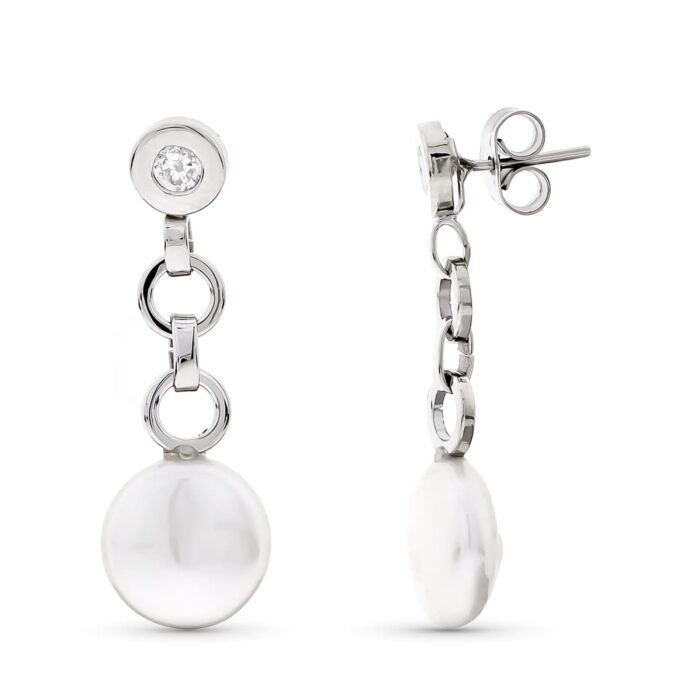 18K PENDIENTES ORO BLANCO LARGOS PERLA 10 MM Y CHATON CIRCONITA CIERRE PRESION