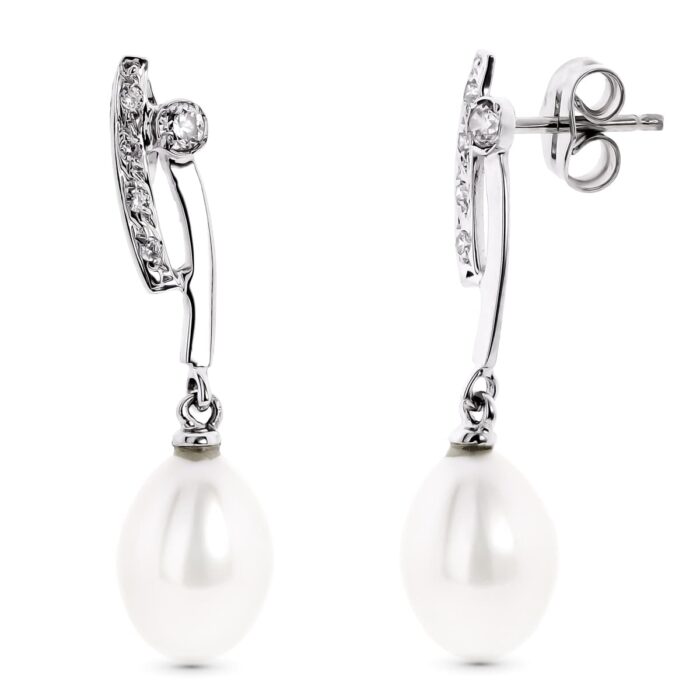 18K PENDIENTES ORO BLANCO LARGOS CON CIRCONITA Y PERLA CIERRE PRESION