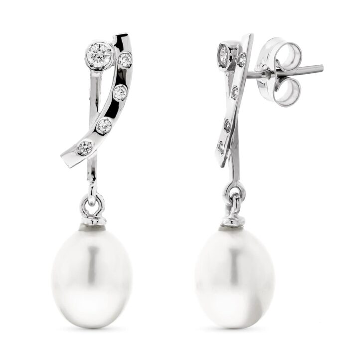 18K PENDIENTES ORO BLANCO LARGOS PERLA PERA Y CIRCONITA CIERRE PRESION