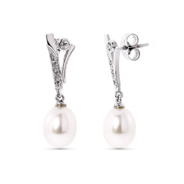 18K PENDIENTES ORO BLANCO PERLA PERA Y CIRCONITA CIERRE PRESION