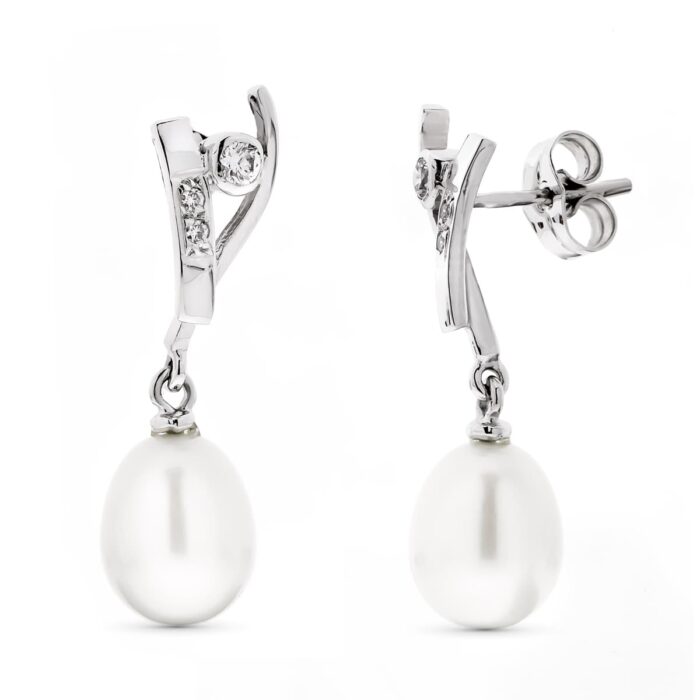 18K PENDIENTES ORO BLANCO LARGOS PERLA PERA Y CIRCONITA CIERRE PRESION