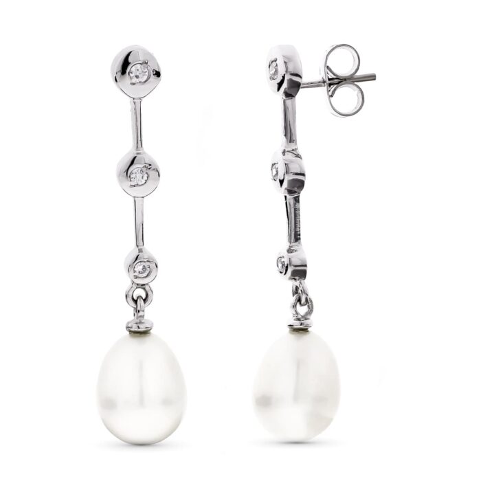 18K PENDIENTES ORO BLANCO LARGOS PERLA Y CIRCONITA CIERRE PRESION