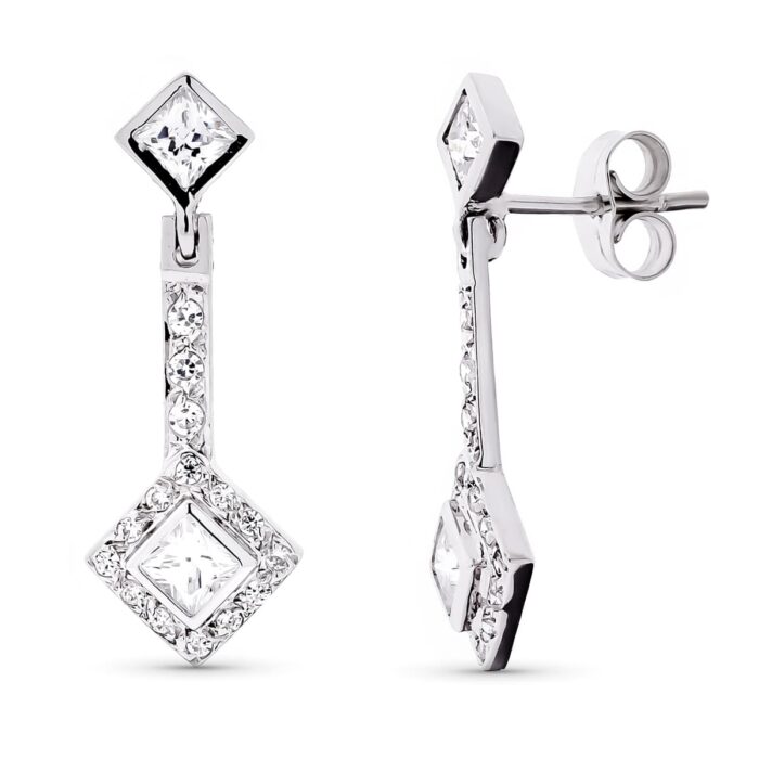 18K PENDIENTES ORO BLANCO LARGOS CIRCONITA 24X9 MM CIERRE PRESION