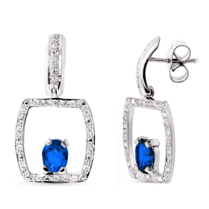 18K PENDIENTES ORO BLANCO ZAFIRO 5X4 MM CIERRE PRESION