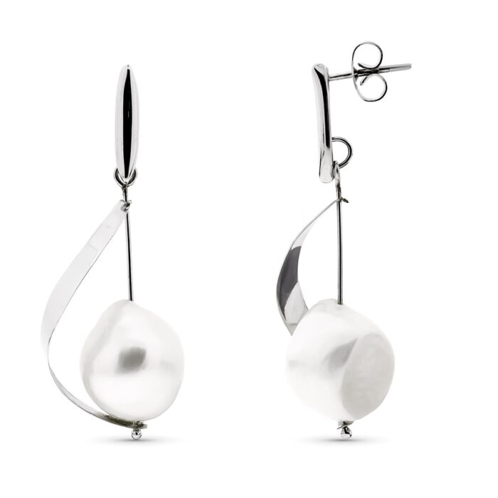 18K PENDIENTES ORO BLANCO LARGOS CON PERLA Y BARRA CIERRE PRESION